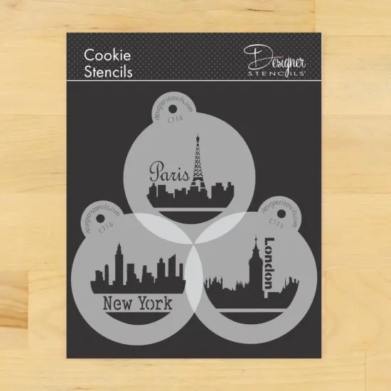 Paris, London & New York Skylines Cookie Stencils | C716 by Designer Stencils | Cookie Decorating Tools | Baking Stencils for Royal Icing, Airbrush, Dusting Powder | Reusable Plastic Food Grade Stencil for Cookies | Easy to Use & Clean Cookie Stencil {1}