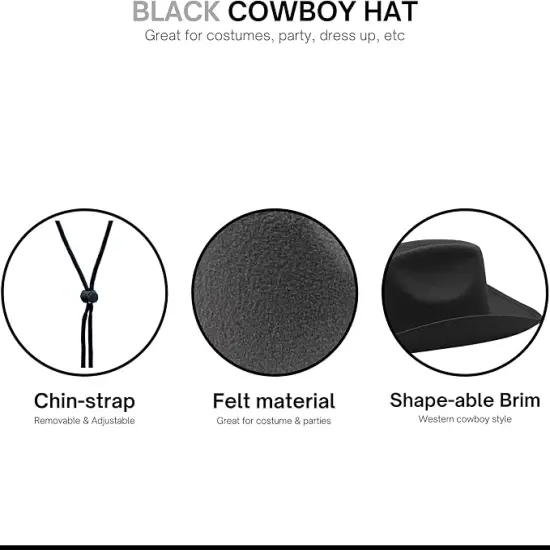 4E's Novelty 4 Pack Black Cowboy Hat Party Pack (Kid Size) - Felt Cowgirl Hats for Girls, Boys, Teens {5}