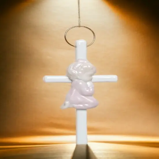 Ceramic Praying Girl On Small Cross Wall Decor, Religious Décor, Religious Gift, Church Décor, Baptism Gift {2}