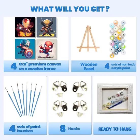 4 Pack Cartoon Paint by Numbers for Kids with Framed Canvas-with Wooden Easel, Paint by Number for Kids Ages 4-8-12, DIY Easy Acrylic Oil Painting Kits for Home Wall Decor (8X8inch) {4}