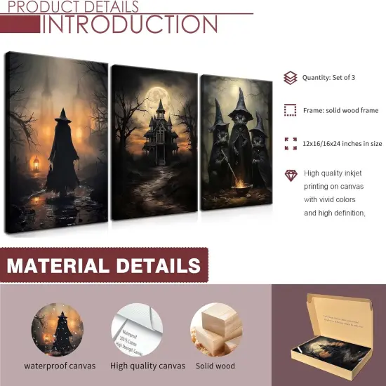 3 Piece Halloween Dark Witch Canvas Wall Art - 12x16 Inches {3}