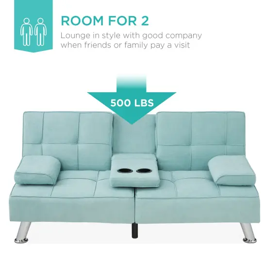 Best Choice Products Modern Linen Convertible Futon Sofa Bed w/ Removable Armrests, Metal Legs, Cupholders Aqua {3}