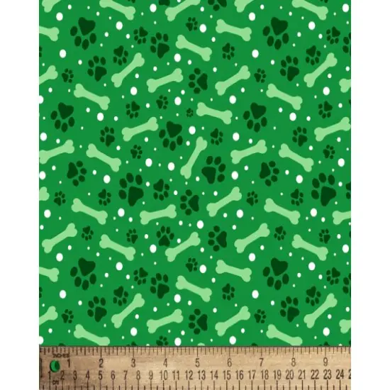 Pets Paw Prints and Dog Bones Green Cotton Fabric | By the Yard | Sewing and Crafting | 44 inches wide {1}