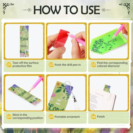 6 PCS DIY Aesthetic Diamond Painting Bookmarks Kits with Flower {4}