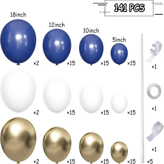141Pcs Blue White Gold Latex Balloons Garland Arch Kit {4}