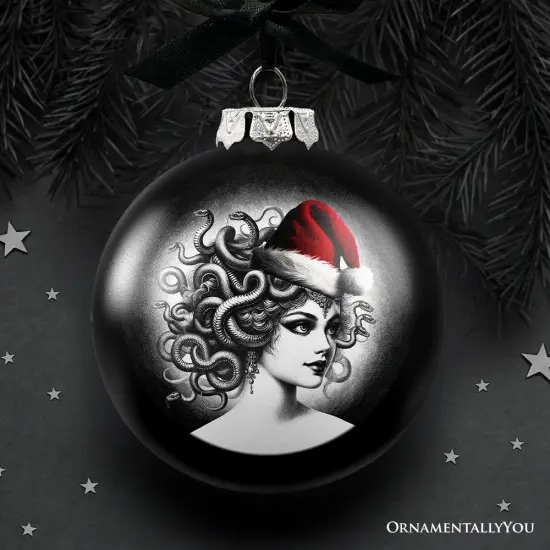 Medusa Christmas Spooky Portrait Glass Ornament, Black Horror Halloween Tree Decoration {1}