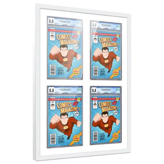 Comic Book Frame with Mat for 4 Graded Comics - White Wood Comic Frame With White Mat for 8.125x13 Comics - 20.75x30.5 Frame Size {7}