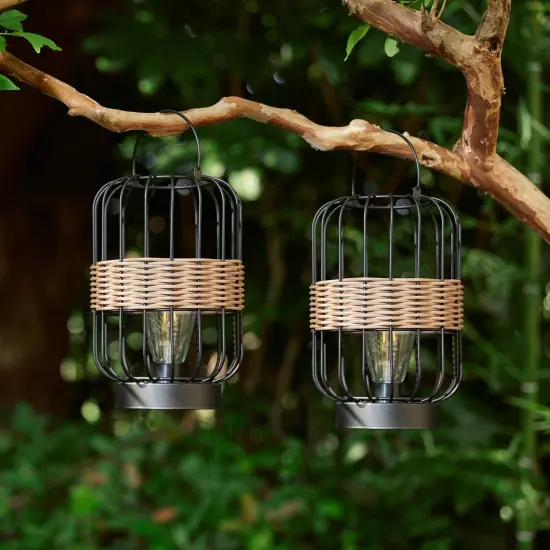 Set of 2 11.75"H Metal Wire Faux Rattan Solar Powered Outdoor Lantern with Edison Bulb and Handle {2}