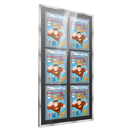 Comic Book Frame with Mat for 6 Graded Comics - Silver Wood Comic Frame With Black Mat for 8.125x13 Comics - 20.75x44.5 Frame Size {7}