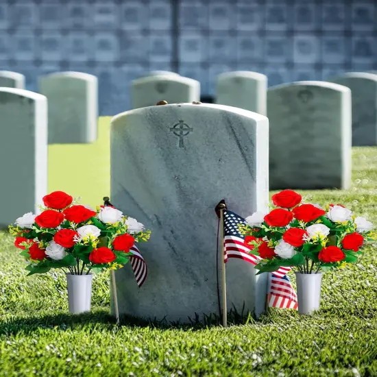 2 Sets Cemetery Vases with Artificial Flowers for Grave - Total 36 Vibrant Red & White Roses Bouquet, Memorial Day Flower Holders Kits with Fixing Foam for Headstones Decoration {2}
