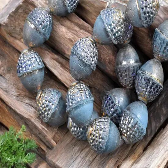 *8* 10x12mm Gold AB Washed Matte Dark Sky BlueAcorn Oval Beads {5}