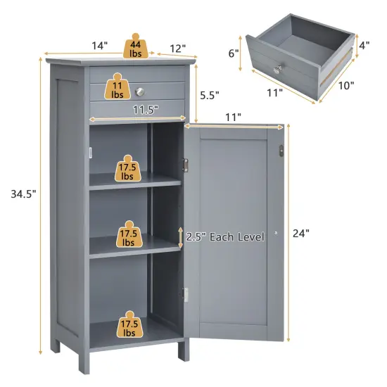 Wooden Storage Free-Standing Floor Cabinet with Drawer and Shelf Grey {4}