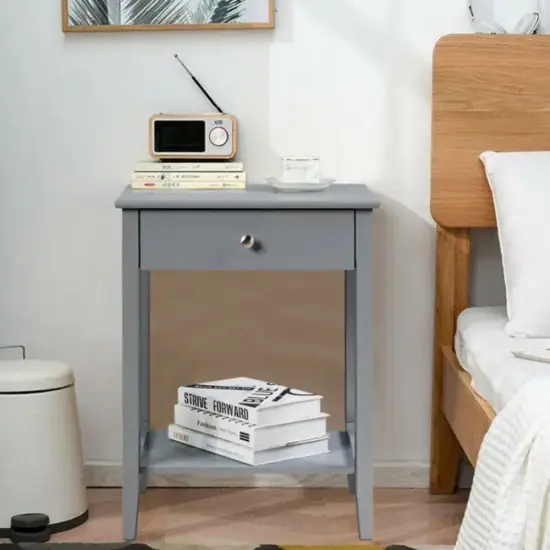 2-Tier Wooden Storage Display Nightstand End Table with 1 Drawer and Metal Handle Grey {6}
