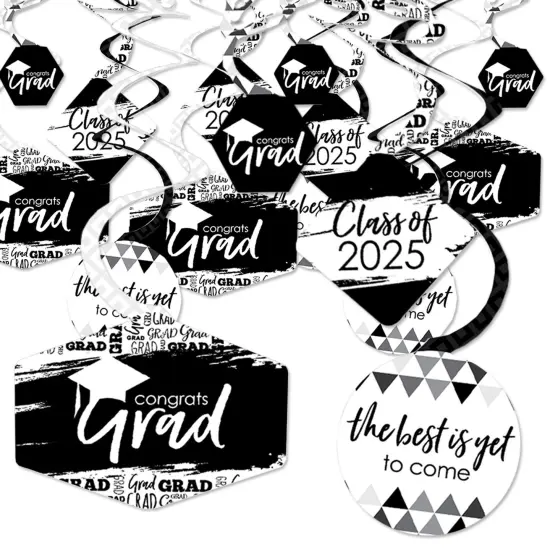 Big Dot of Happiness Black and White Graduation Class of 2025 Decorations Hanging Swirls - Set of 40 {1}