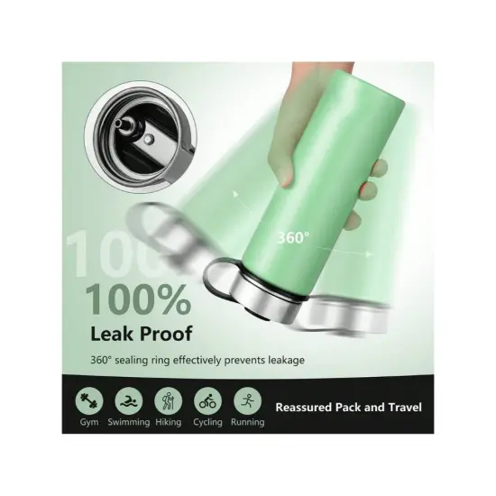 22 Oz Double-walled Insulated Stainless Steel Water Bottle with 2 Lids and Straw Green {2}