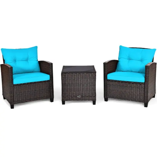 3 Pcs Patio Rattan Furniture Set Cushioned Conversation Set Coffee Table Turquoise {10}