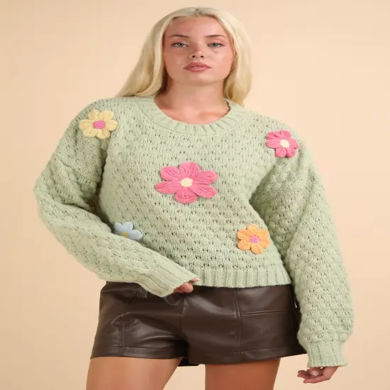 Hand Made Flower Applique Oversized Knit Sweater Top SAGE {1}