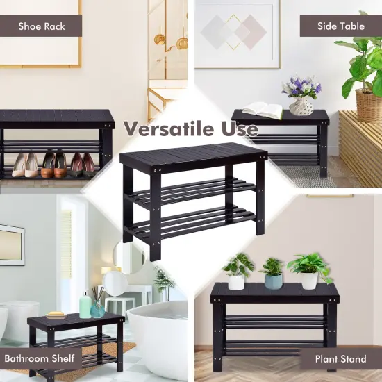 3-Tier Wicker Slatted Shoe Bench Holds up to 6 Pairs for Entryway Black {6}