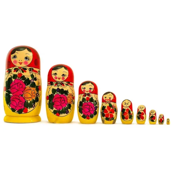 Set of 9 Traditional Semenov Wooden Nesting Dolls 10 Inches {1}