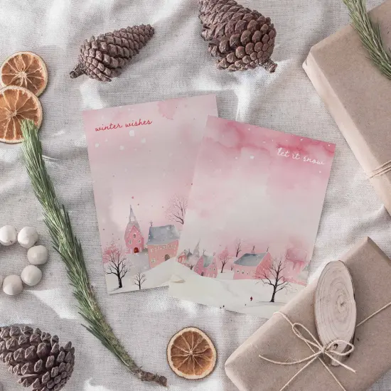 Soft Pink Christmas Greeting Cards Boxed Set of 24 Romantic Holiday Notecards Featuring Winter Village Scenes, Perfect for Girls and Elegant Festive Wishes {6}