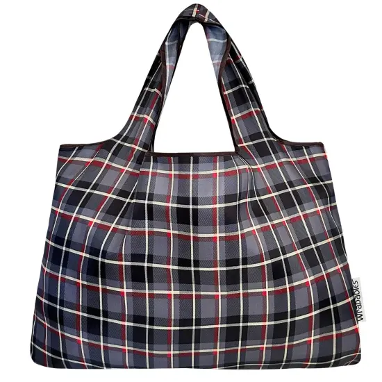 Wrapables Large Foldable Tote Nylon Reusable Grocery Bags, Black Plaid {3}