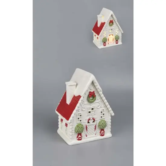 10" Gingerbread House with LED Lights – White, Red, and Green Christmas Decor {1}