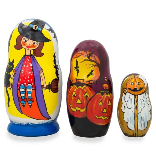 Set of 3 Halloween Witch and Pumpkins Wooden Nesting Dolls 4.25 Inches {1}