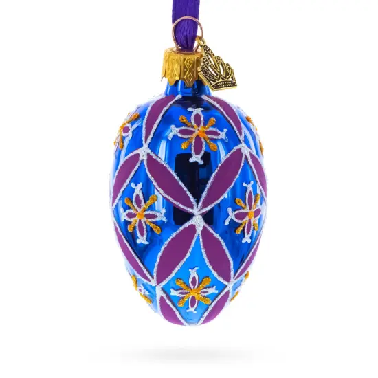 Cobalt Blue with Pink and Yellow Floral Pattern Mini Glass Egg Ornament 2.9 Inches {3}
