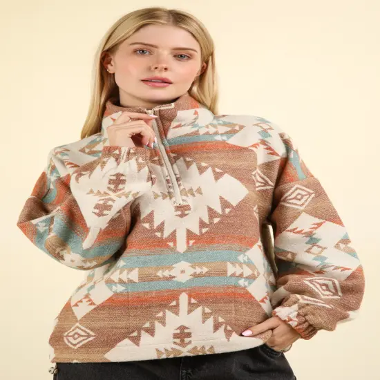 Plus Size Aztec Printed Henley Woven Pullover Top CREAM MIX {4}