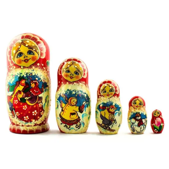Set of 5 Dancing Couple in Winter Village Nesting Dolls 6.5 Inches {1}