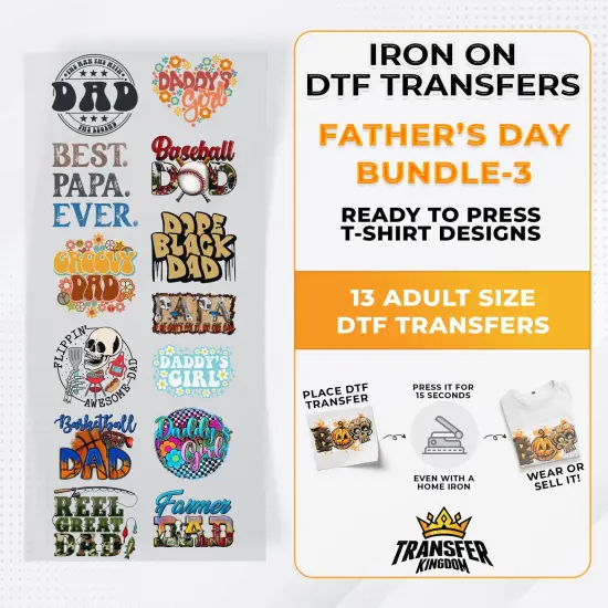 Father's Day Bundle Iron on DTF Transfer Bundle 3 - 13 Best Seller Ready To Press T-shirt Designs {1}