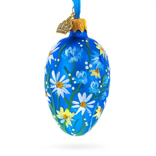 Cobalt Blue with White Daisy Floral Mini Glass Egg Ornament 2.9 Inches {3}
