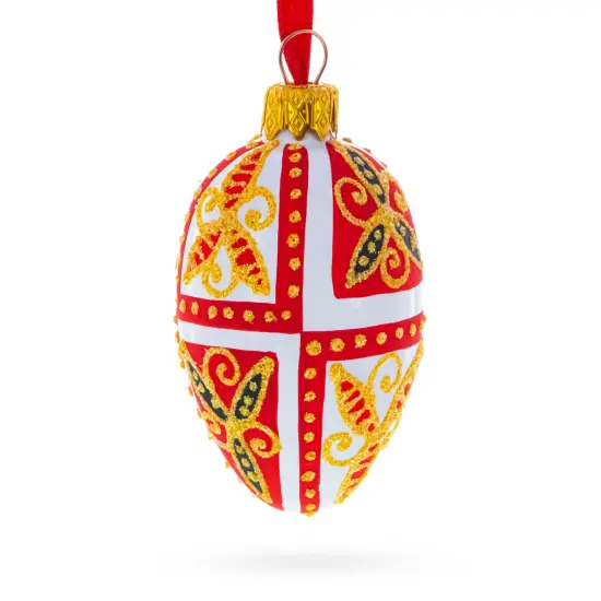 Red & Gold on White Floral Design Mini Glass Egg Ornament 2.9 Inches {4}