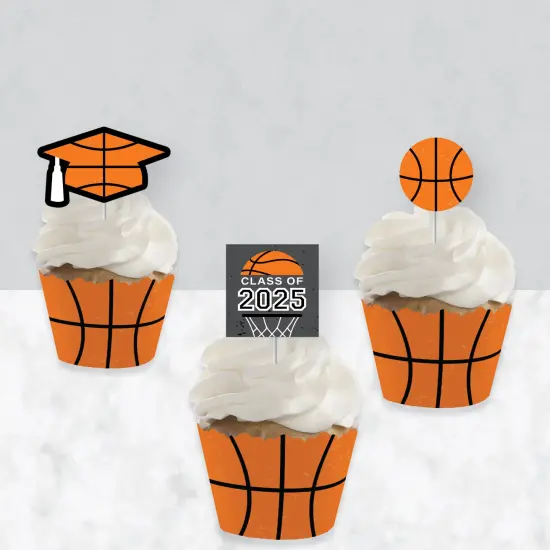 Big Dot of Happiness Grad Basketball - Cupcake Decoration - 2025 Graduation Party Cupcake Wrappers and Treat Picks Kit - Set of 24 {4}