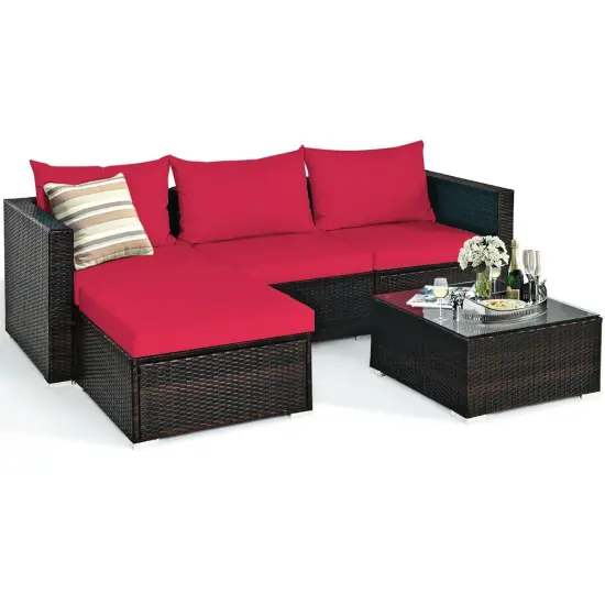 5 Pieces Patio Rattan Sectional Furniture Set with Cushions and Coffee Table Turquoise {9}