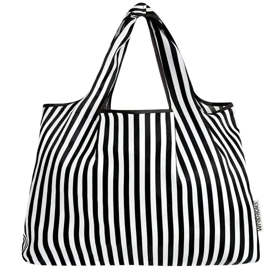 Wrapables Large Foldable Tote Nylon Reusable Grocery Bags, Black Stripes {3}