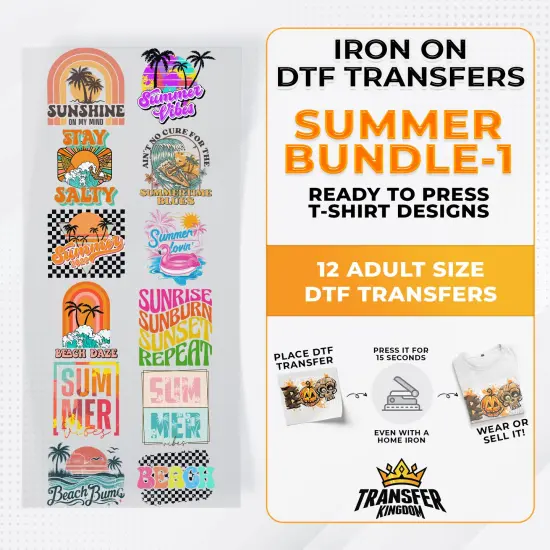 Summer Bundle Iron on DTF Transfer Bundle 1 - 12 Best Seller Ready To Press T-shirt Designs {1}