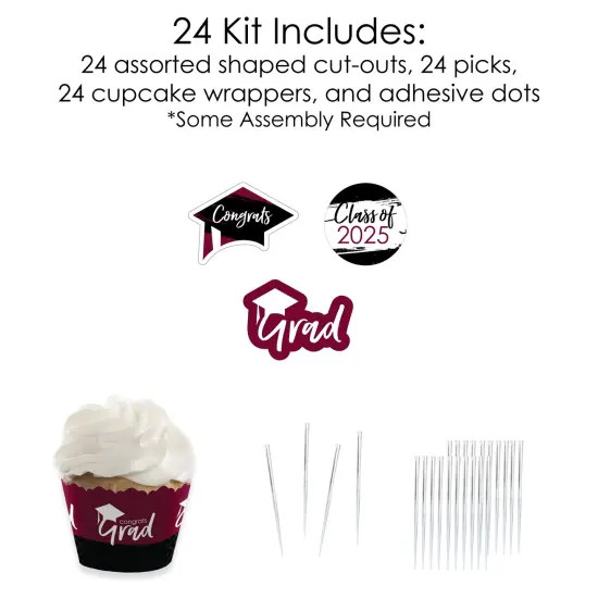 Big Dot of Happiness 2025 Maroon Graduation Cupcake Decoration - Party Cupcake Wrappers and Treat Picks Kit - Set of 24 {7}