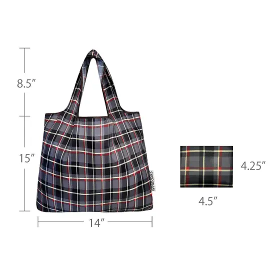 Wrapables Foldable Tote Nylon Reusable Grocery Bag (Set of 2), Black Plaid {2}