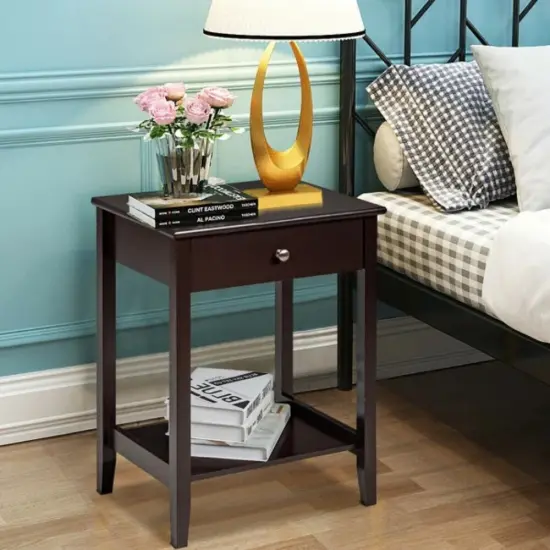 2-Tier Wooden Storage Display Nightstand End Table with 1 Drawer and Metal Handle Brown {2}