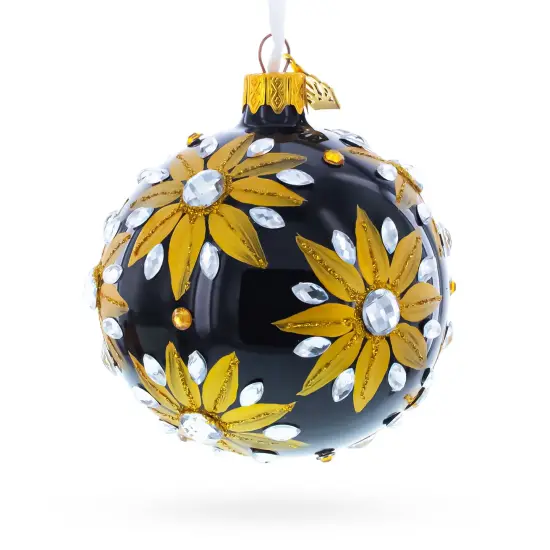 Golden Glitter Sunflower with Crystal Embellishments Glass Ball Christmas Ornament 3.25 Inches {4}