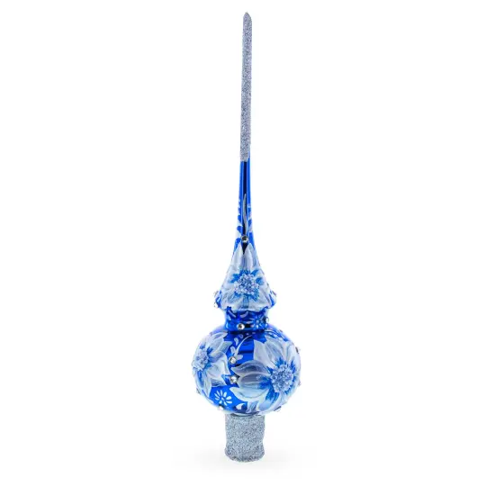Elegant Cobalt Bloom with Glittering Accents Glass Christmas Tree Topper {3}
