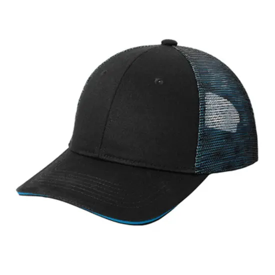 Port Authority&reg; Double Mesh Snapback Sandwich Bill Cap, Structured Mid Profile Hat with Iridescent Mesh Design Black/ Shock Blue {1}
