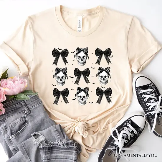 Coquette Skulls and Bows T-Shirt, Gothic Halloween Tee for Stylish Women {1}