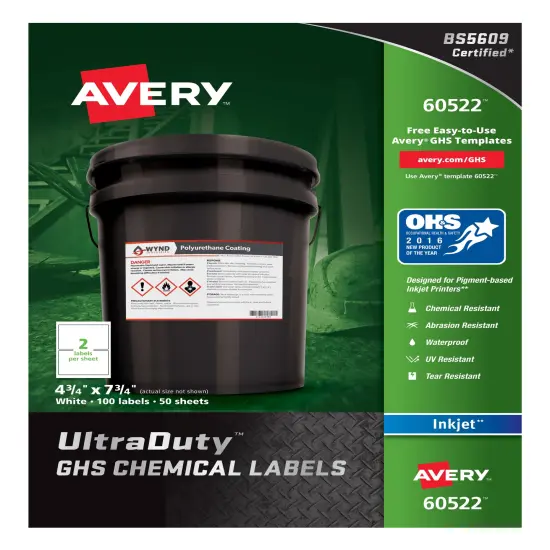 Avery UltraDuty GHS Chemical Labels for Pigment Inkjet Printers, Permanent Adhesive, Waterproof, UV Resistant, 4-3/4" x 7-3/4", 100 Labels (60522) {1}