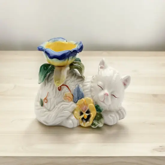 Ceramic White Cat with Pansy Flowers Tealight Candle Holder, Cat Lover Gift, Gift for Her, Gift for Mom {2}