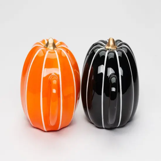 Ceramic Orange and Black Modern Pumpkin Salt And Pepper Shakers, Halloween Decor, Fall Decor, Kitchen Decor, Gift for Her, Gift for Mom {2}