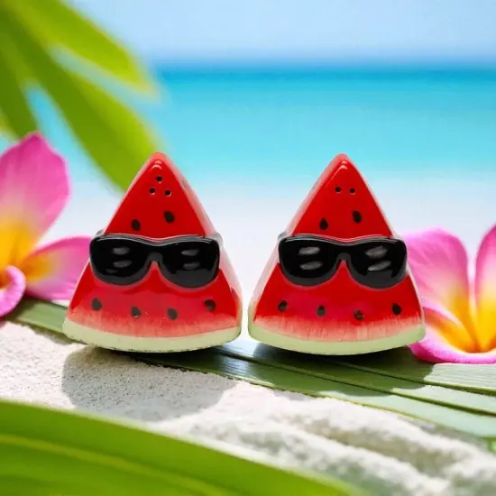 Ceramic Watermelon Wearing Sunglasses Salt and Pepper Shakers, Summer Kitchen Decor, Gift for Her {1}