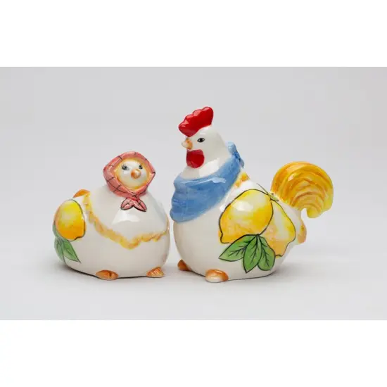 Ceramic Tuscany Rooster & Hen Salt and Pepper Shakers with Lemon Theme, Farmhouse Kitchen Decor, Gift for Her {2}