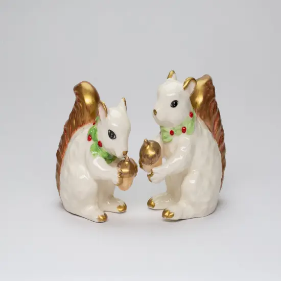 Ceramic White and Gold Squirrels Eating Acorns Salt and Pepper Shakers, Christmas Decor, Nature Lover Gift {3}